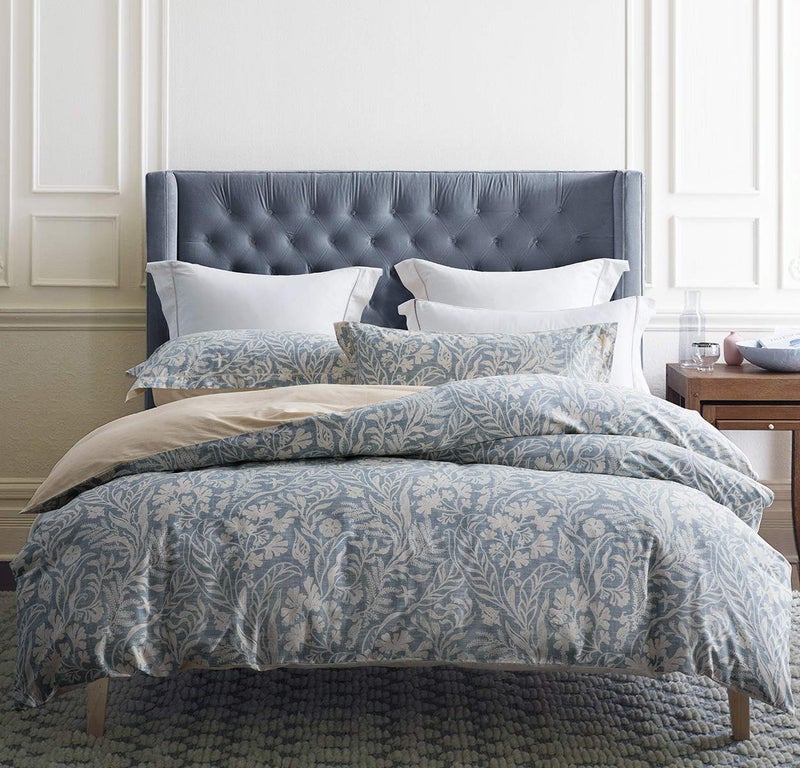 SLEEPBELLA Duvet Cover Queen Size, 600 Thread Count Cotton Beige & Bluish Grey Printed with Luxurious Leaves Pattern Reversible Botanical Comforter Cover Sets, Bedding Set 3Pcs (Queen, Beige Paisley) - Image 1